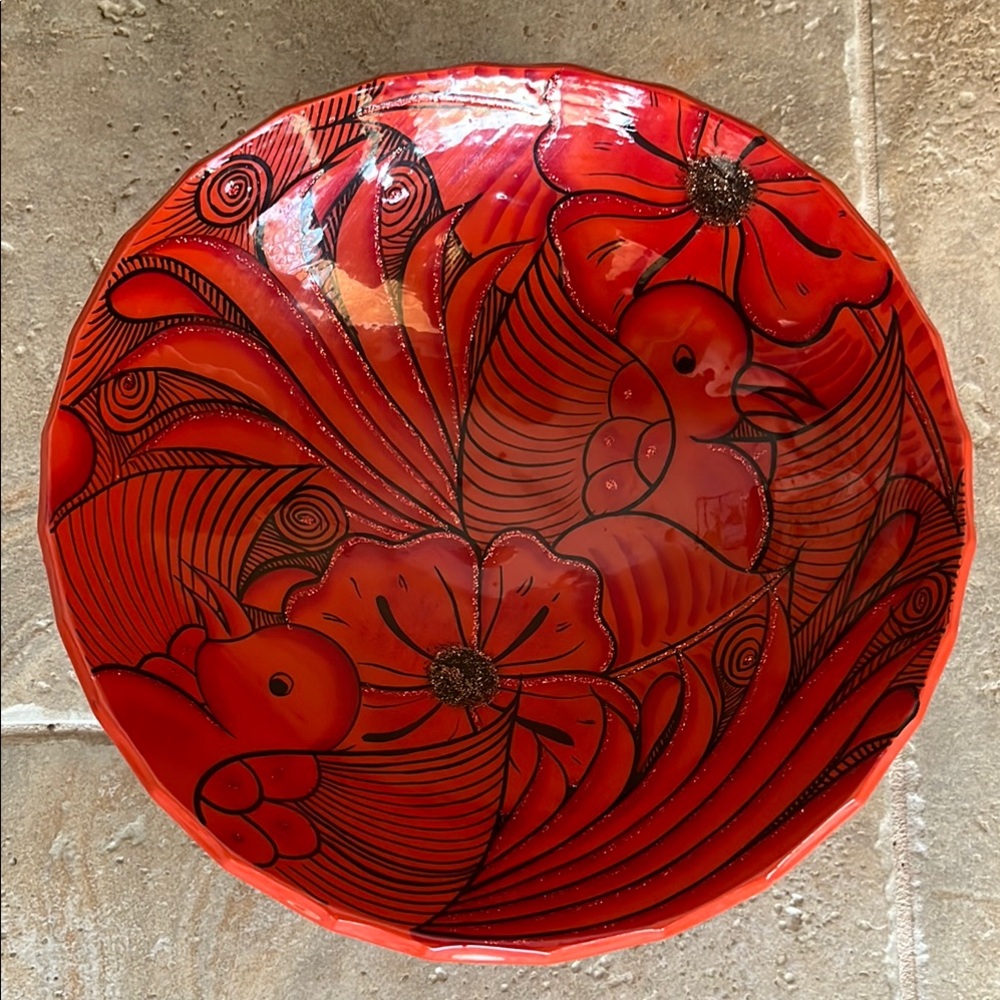 Vibrant Red Hand-painted Folk Art Pottery Bowl